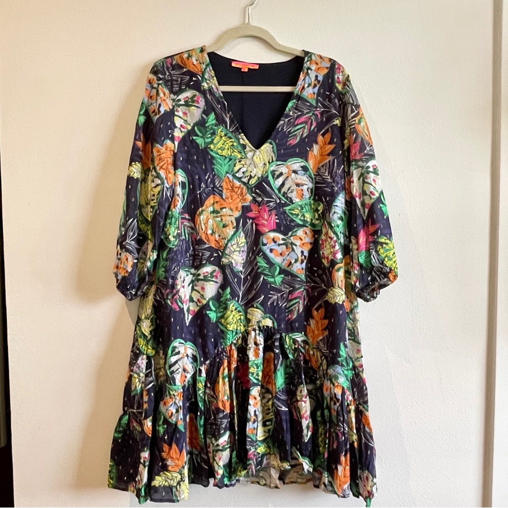 Vilagallo Ruffled Dress size 44 palm leaf design rich colors. Sizing US size 10